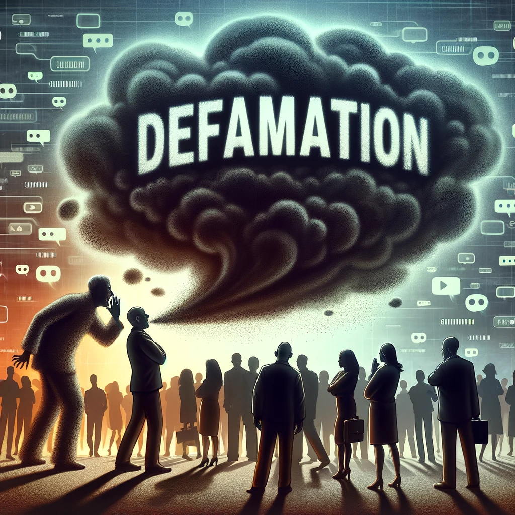 Graphic explaining defamation, key elements, and legal defenses.